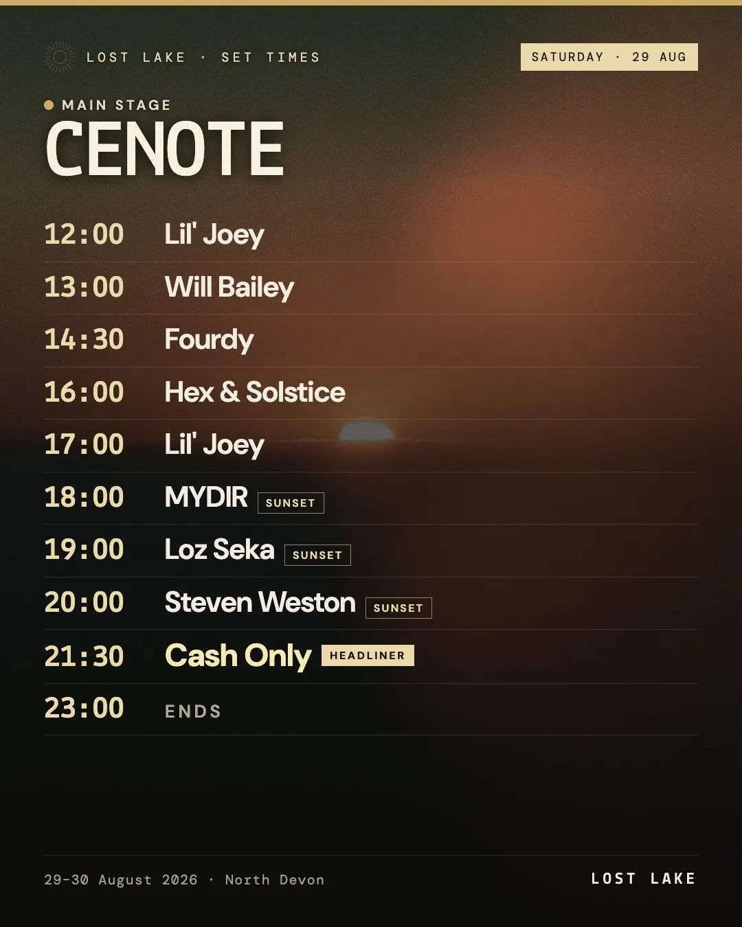 Lost Lake Cenote main stage set times, Saturday 29 August 2026