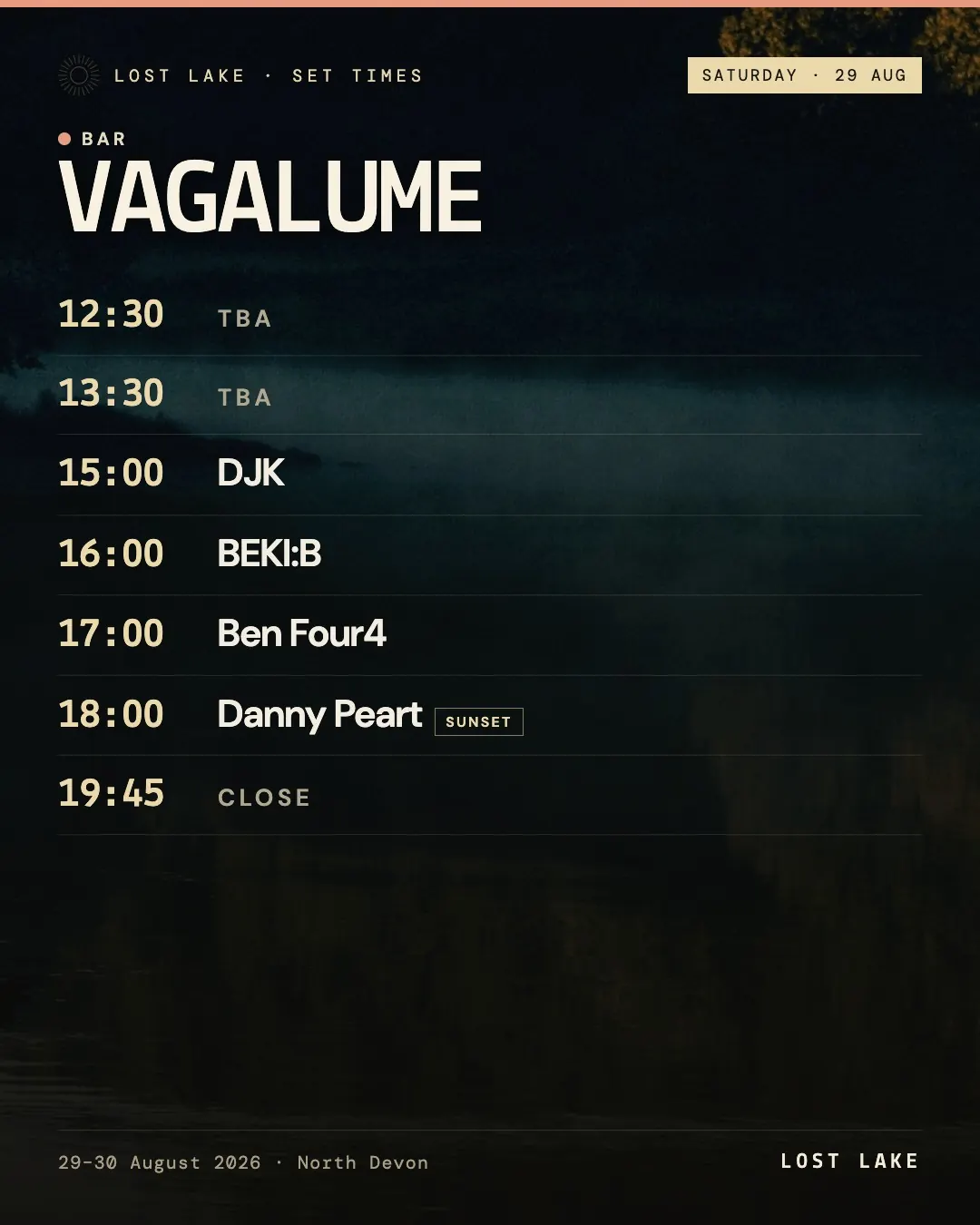 Lost Lake Vagalume bar set times, Saturday 29 August 2026